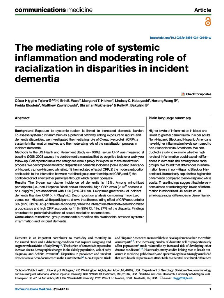 The mediating role of systemic inflammation and moderating role of racialization in disparities in incident dementia