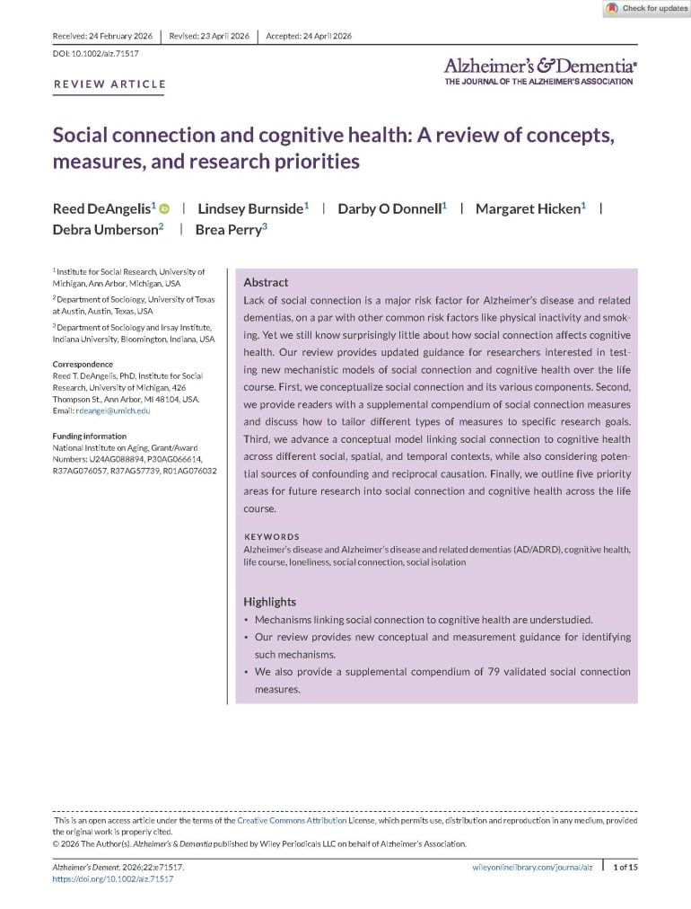 Social connection and cognitive health: A review of concepts, measures, and research priorities