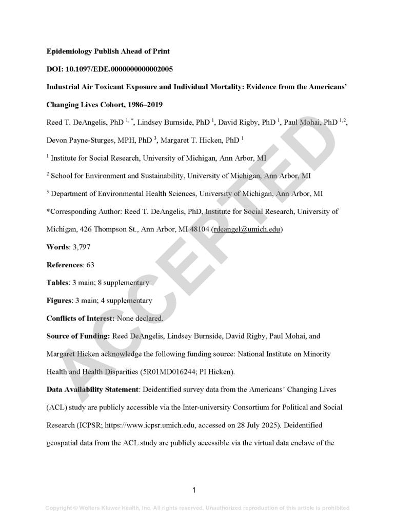 Industrial Air Toxicant Exposure and Individual Mortality: Evidence from the Americans’<br />
Changing Lives Cohort, 1986–2019
